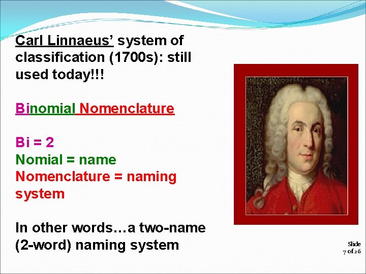 Carl Linnaeus’ system of classification (1700 s): still used today!!! Binomial Nomenclature Bi =