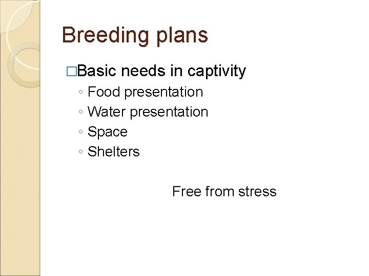 Breeding plans �Basic needs in captivity ◦ Food presentation ◦ Water presentation ◦ Space