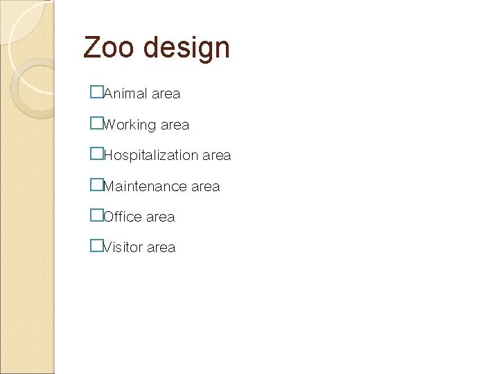 Zoo design �Animal area �Working area �Hospitalization area �Maintenance area �Office area �Visitor area