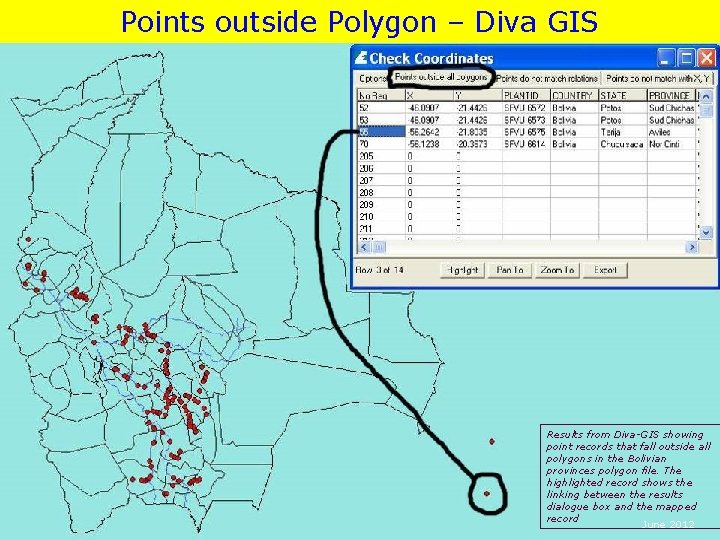 Points outside Polygon – Diva GIS Results from Diva-GIS showing point records that fall