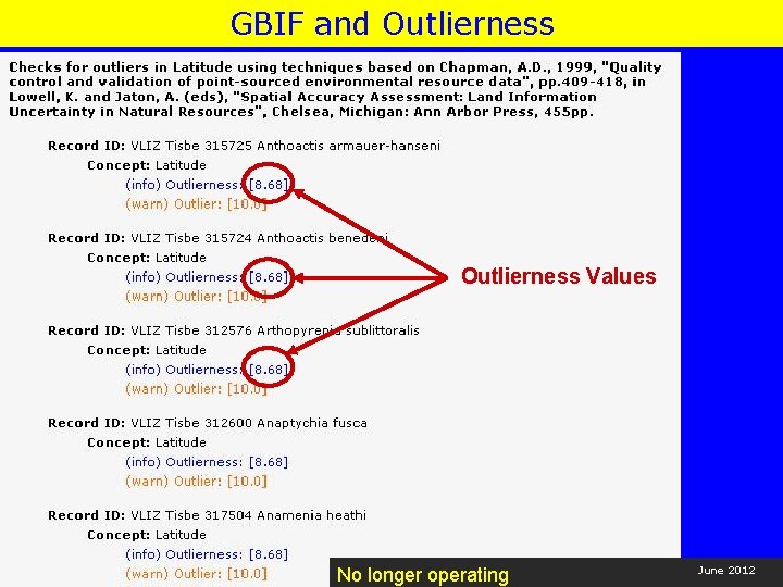 GBIF and Outlierness Values No longer operating June 2012 