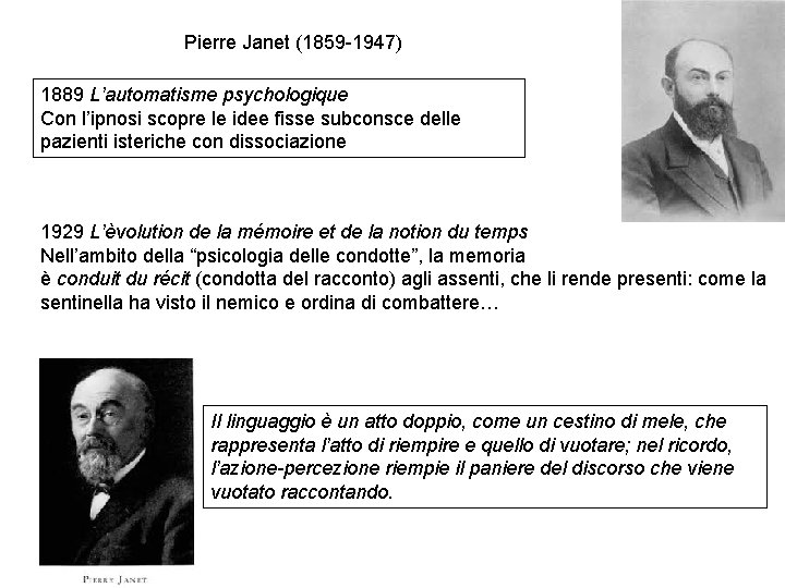 Pierre Janet (1859 -1947) 1889 L’automatisme psychologique Con l’ipnosi scopre le idee fisse subconsce