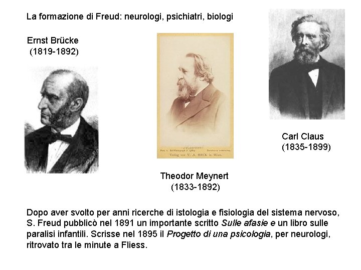 La formazione di Freud: neurologi, psichiatri, biologi Ernst Brücke (1819 -1892) Carl Claus (1835