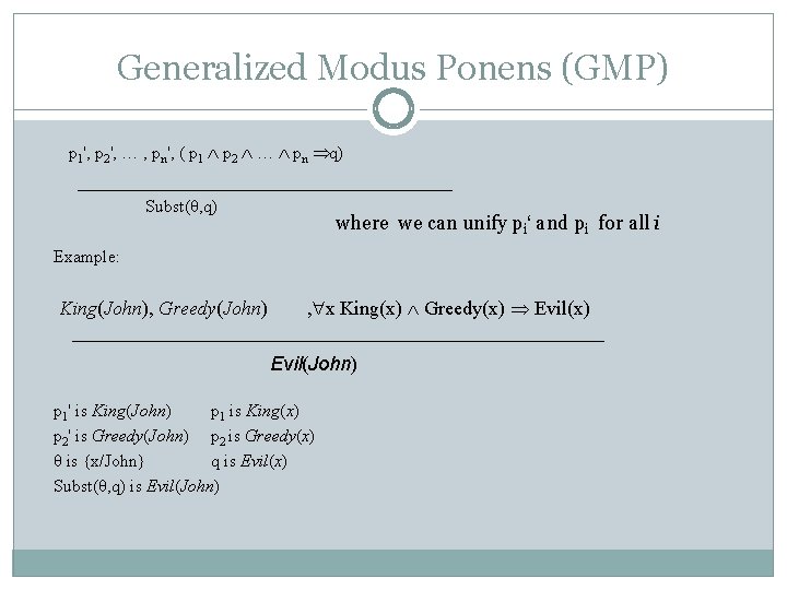 Generalized Modus Ponens (GMP) p 1', p 2', … , pn', ( p 1