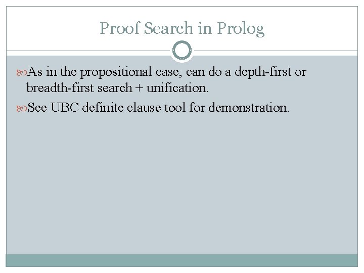 Proof Search in Prolog As in the propositional case, can do a depth-first or
