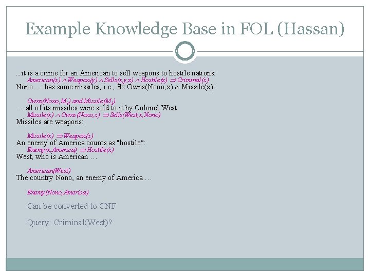 Example Knowledge Base in FOL (Hassan). . . it is a crime for an