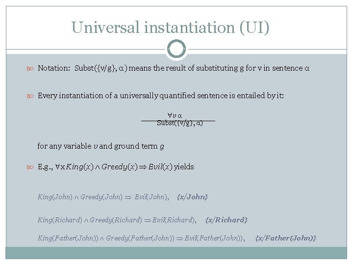 Universal instantiation (UI) Notation: Subst({v/g}, α) means the result of substituting g for v