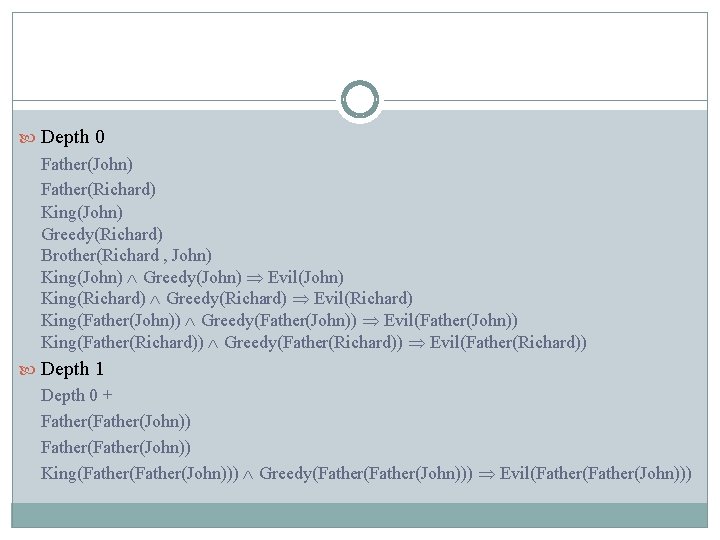  Depth 0 Father(John) Father(Richard) King(John) Greedy(Richard) Brother(Richard , John) King(John) Greedy(John) Evil(John) King(Richard)