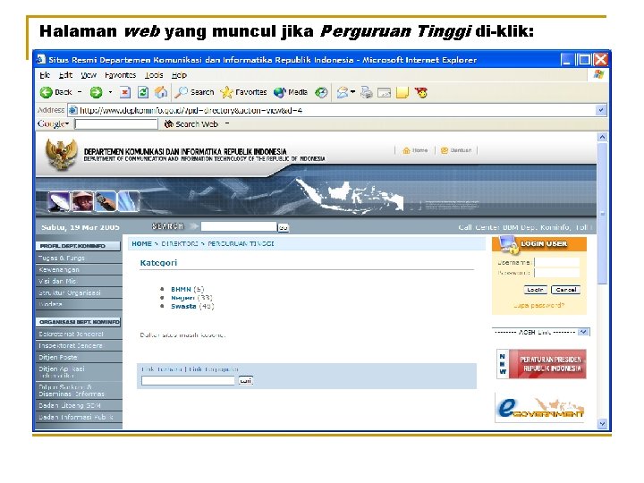 Halaman web yang muncul jika Perguruan Tinggi di-klik: 