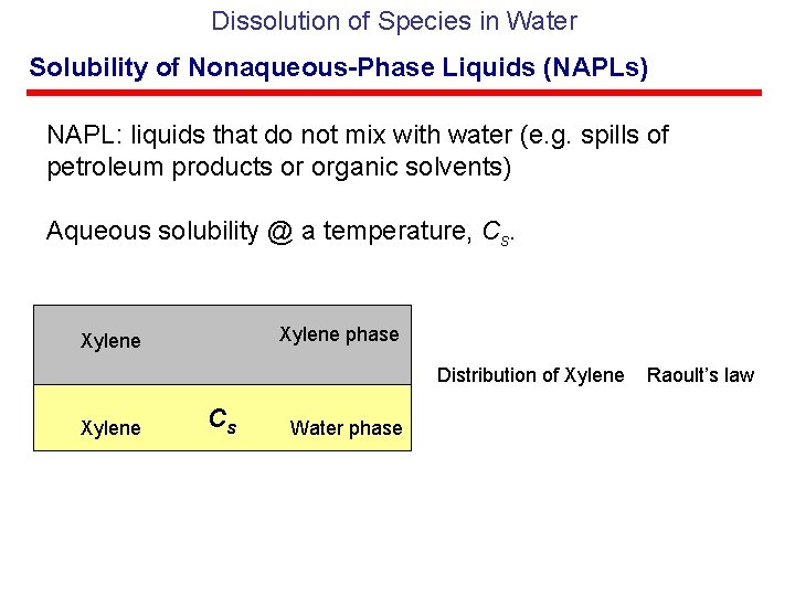 Dissolution of Species in Water Solubility of Nonaqueous-Phase Liquids (NAPLs) NAPL: liquids that do