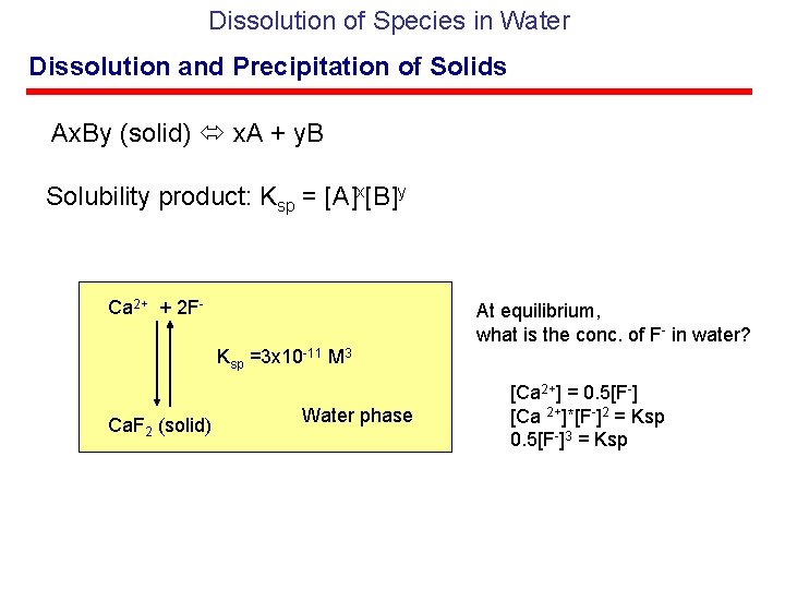 Dissolution of Species in Water Dissolution and Precipitation of Solids Ax. By (solid) x.