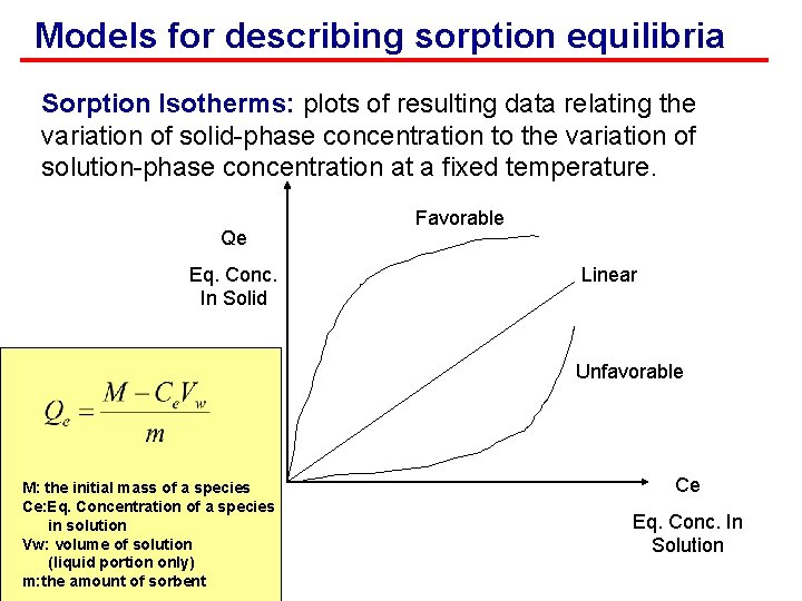 Models for describing sorption equilibria Sorption Isotherms: plots of resulting data relating the variation