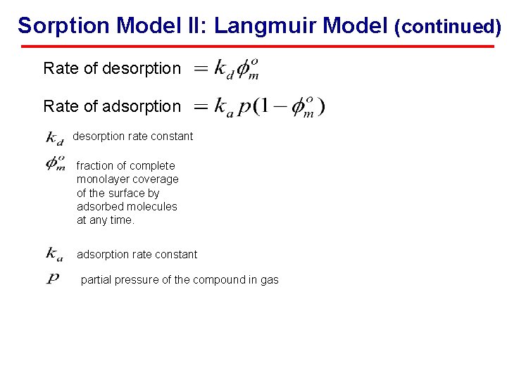 Sorption Model II: Langmuir Model (continued) Rate of desorption Rate of adsorption desorption rate