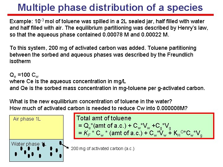Multiple phase distribution of a species Example: 10 -3 mol of toluene was spilled