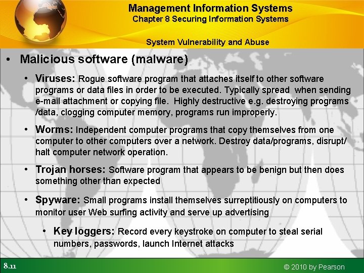 Management Information Systems Chapter 8 Securing Information Systems System Vulnerability and Abuse • Malicious