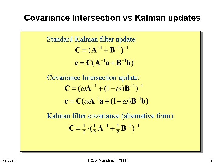 Covariance Intersection vs Kalman updates Standard Kalman filter update: Covariance Intersection update: Kalman filter Covariance Intersection vs Kalman updates Standard Kalman filter update: Covariance Intersection update: Kalman filter