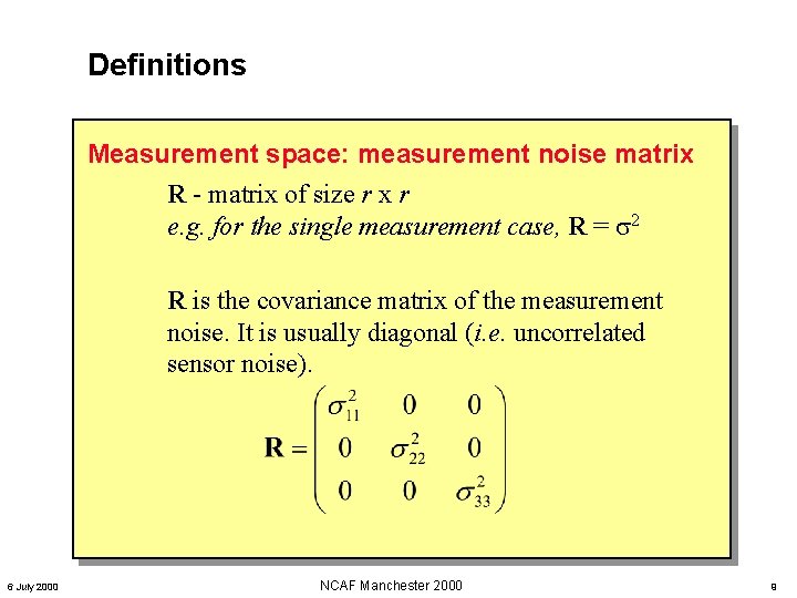 Definitions Measurement space: measurement noise matrix R - matrix of size r x r Definitions Measurement space: measurement noise matrix R - matrix of size r x r