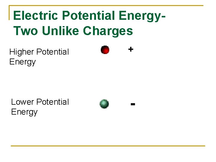 Electric Potential Energy. Two Unlike Charges Higher Potential Energy + Lower Potential Energy -