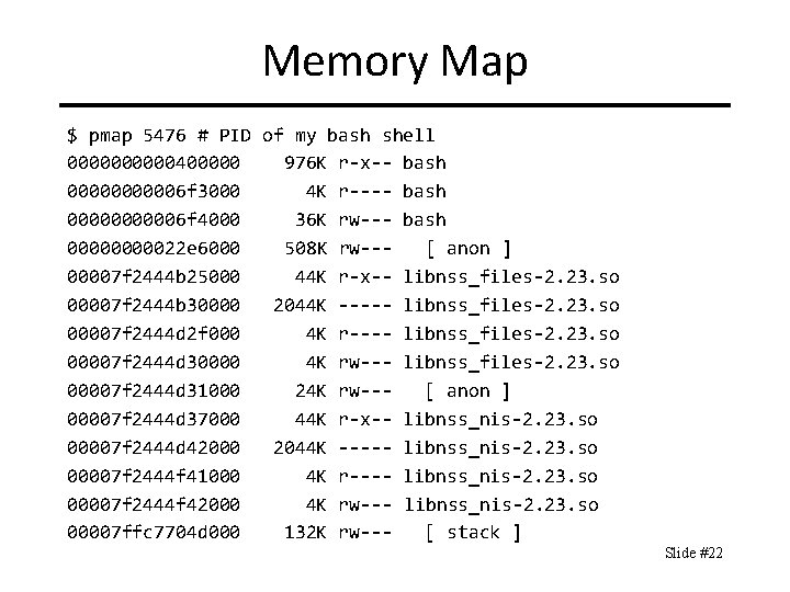 Memory Map $ pmap 5476 # PID of my bash shell 00000400000 976 K