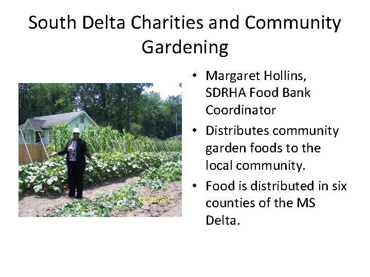 South Delta Charities and Community Gardening • Margaret Hollins, SDRHA Food Bank Coordinator •