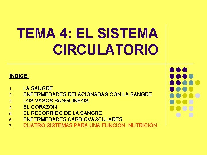 TEMA 4: EL SISTEMA CIRCULATORIO ÍNDICE: 1. 2. 3. 4. 5. 6. 7. LA