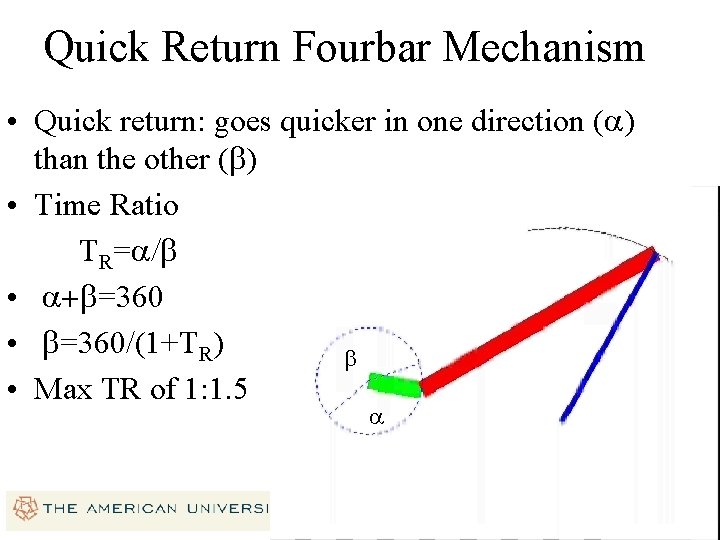 Quick Return Fourbar Mechanism • Quick return: goes quicker in one direction ( )