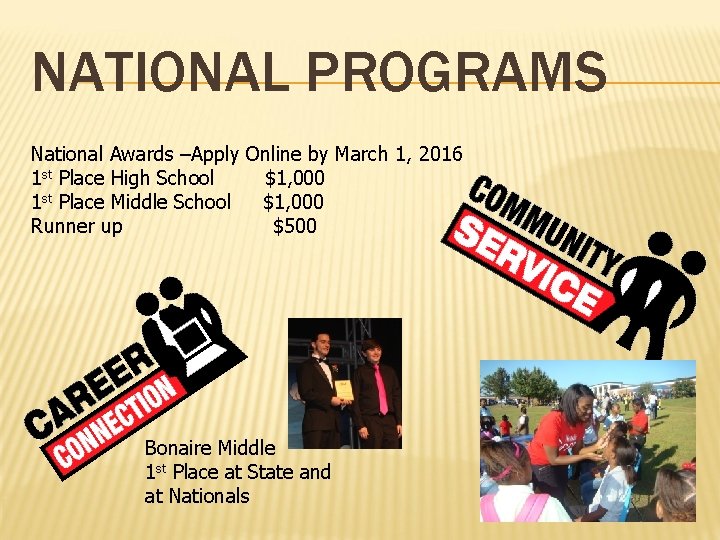 NATIONAL PROGRAMS National Awards –Apply Online by March 1, 2016 1 st Place High
