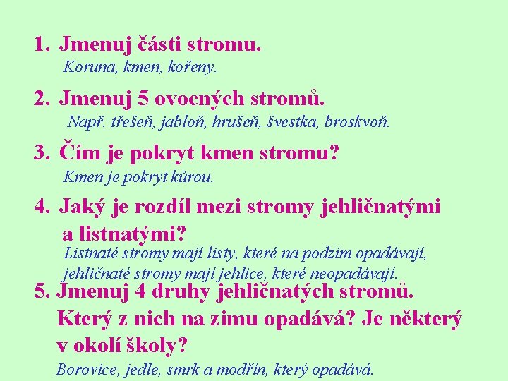 1. Jmenuj části stromu. Koruna, kmen, kořeny. 2. Jmenuj 5 ovocných stromů. Např. třešeň,