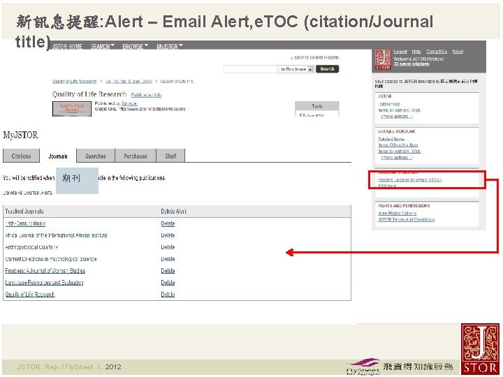 新訊息提醒: Alert – Email Alert, e. TOC (citation/Journal title) 期刊 JSTOR Rep. / Fly.