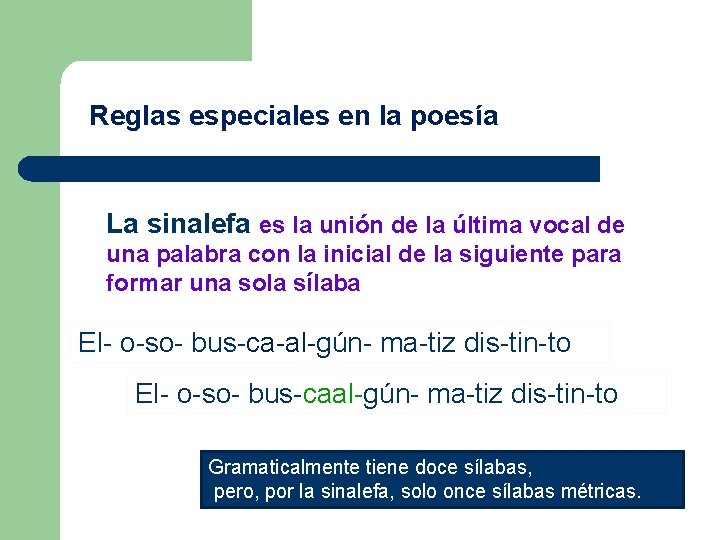 Reglas especiales en la poesía La sinalefa es la unión de la última vocal