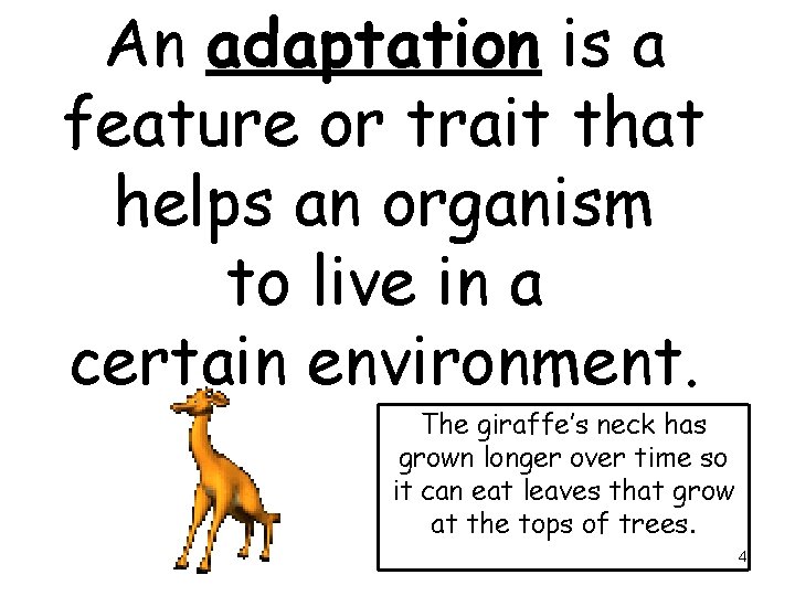 An adaptation is a feature or trait that helps an organism to live in
