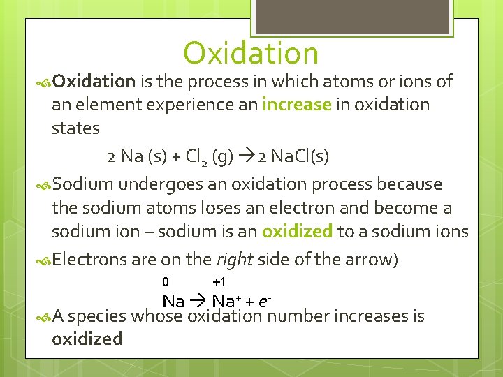 Oxidation is the process in which atoms or ions of an element experience an