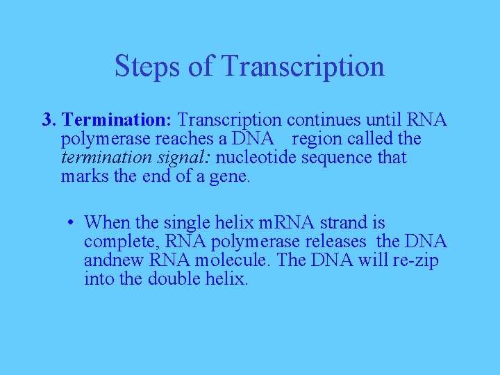 Steps of Transcription 3. Termination: Transcription continues until RNA polymerase reaches a DNA region