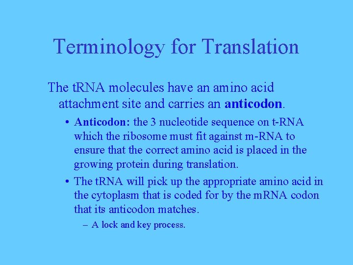 Terminology for Translation The t. RNA molecules have an amino acid attachment site and