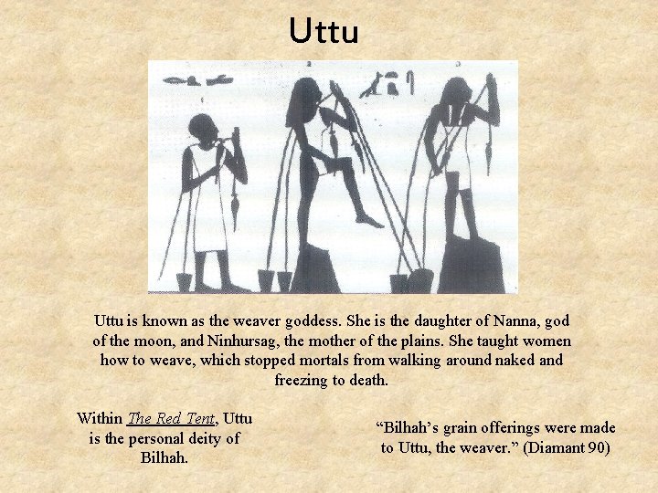 Uttu is known as the weaver goddess. She is the daughter of Nanna, god