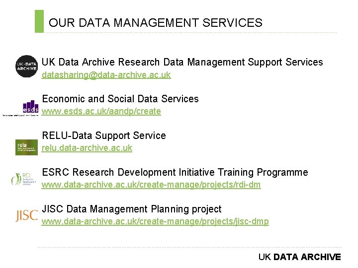 OUR DATA MANAGEMENT SERVICES ………………………………………………………………. . UK Data Archive Research Data Management Support Services