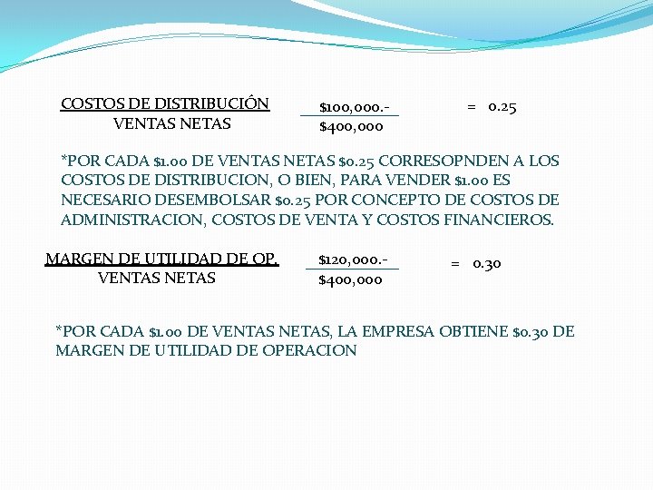 COSTOS DE DISTRIBUCIÓN VENTAS NETAS $100, 000. $400, 000 = 0. 25 *POR CADA