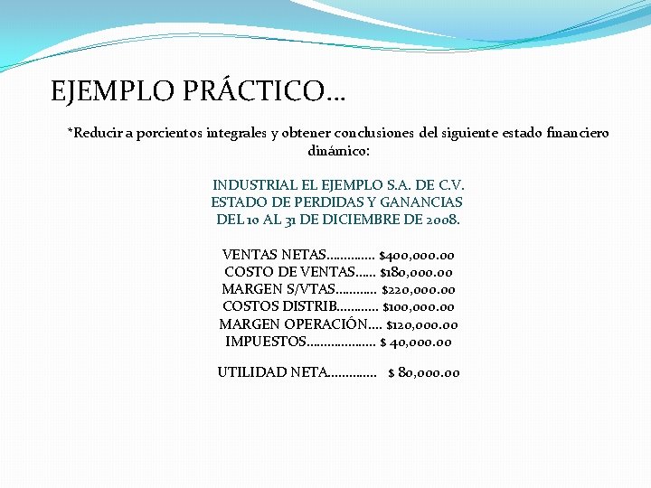 EJEMPLO PRÁCTICO… *Reducir a porcientos integrales y obtener conclusiones del siguiente estado financiero dinámico:
