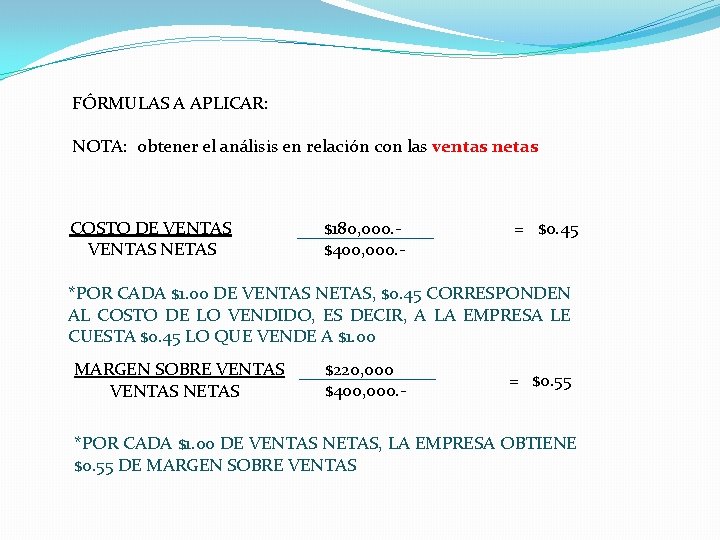 FÓRMULAS A APLICAR: NOTA: obtener el análisis en relación con las ventas netas COSTO