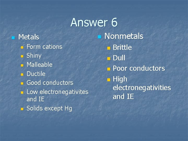 Answer 6 n Metals n n n n Form cations Shiny Malleable Ductile Good