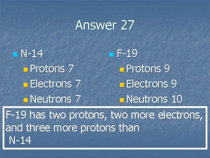 Answer 27 N-14 n F-19 n Protons 7 n Protons 9 n Electrons 7