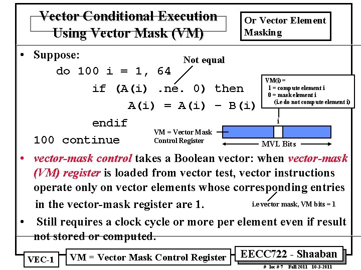 Vector Conditional Execution Using Vector Mask (VM) Or Vector Element Masking • Suppose: Not