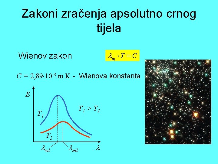 Zakoni zračenja apsolutno crnog tijela m T = C Wienov zakon C = 2,