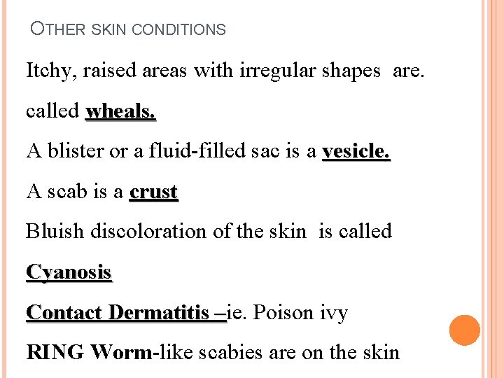 OTHER SKIN CONDITIONS Itchy, raised areas with irregular shapes are. called wheals. A blister