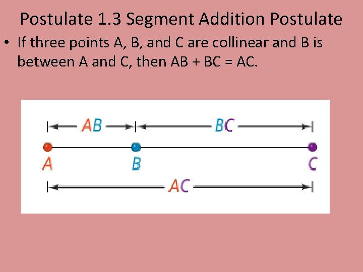 Postulate 1. 3 Segment Addition Postulate • If three points A, B, and C