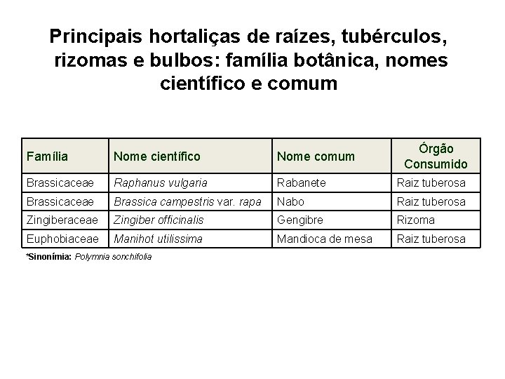 Principais hortaliças de raízes, tubérculos, rizomas e bulbos: família botânica, nomes científico e comum