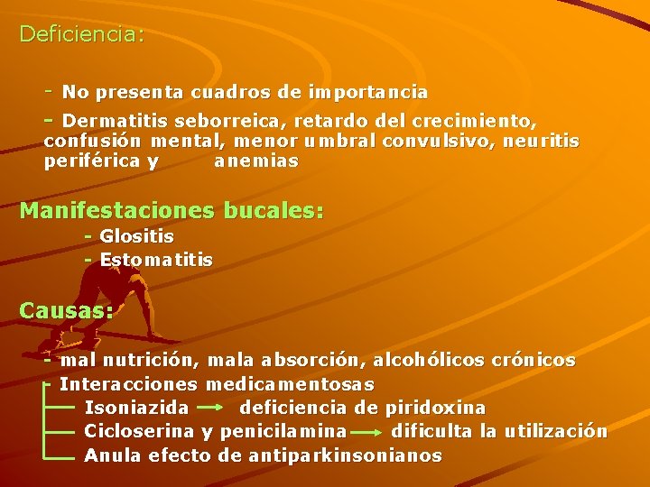 Deficiencia: - No presenta cuadros de importancia - Dermatitis seborreica, retardo del crecimiento, confusión