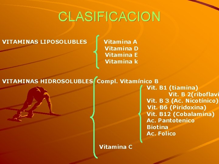 CLASIFICACION VITAMINAS LIPOSOLUBLES Vitamina A Vitamina D Vitamina E Vitamina k VITAMINAS HIDROSOLUBLES Compl.