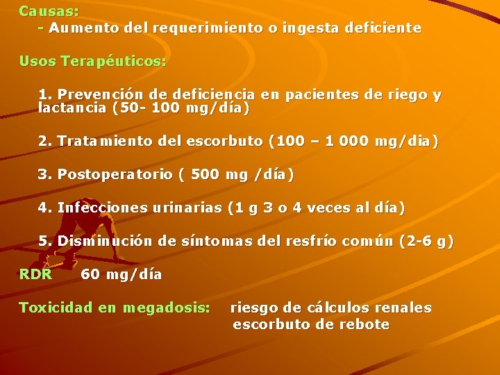 Causas: - Aumento del requerimiento o ingesta deficiente Usos Terapéuticos: 1. Prevención de deficiencia