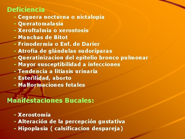 Deficiencia - Ceguera nocturna o nictalopia Queratomalasia Xeroftalmia o xerostosis Manchas de Bitot Frinodermia
